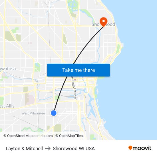 Layton & Mitchell to Shorewood WI USA map