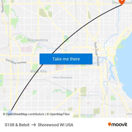 S108 & Beloit to Shorewood WI USA map