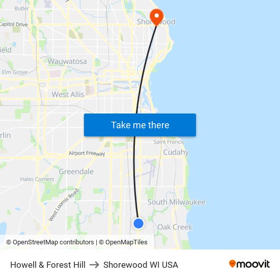 Howell & Forest Hill to Shorewood WI USA map