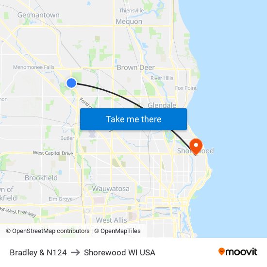 Bradley & N124 to Shorewood WI USA map