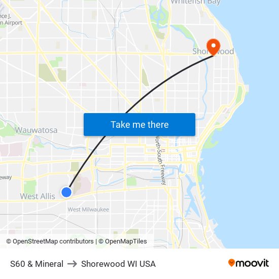 S60 & Mineral to Shorewood WI USA map