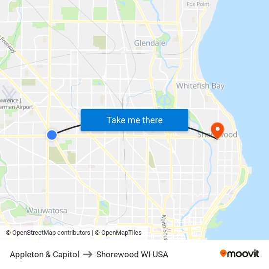 Appleton & Capitol to Shorewood WI USA map