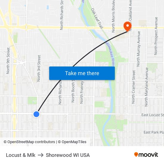 Locust & Mlk to Shorewood WI USA map