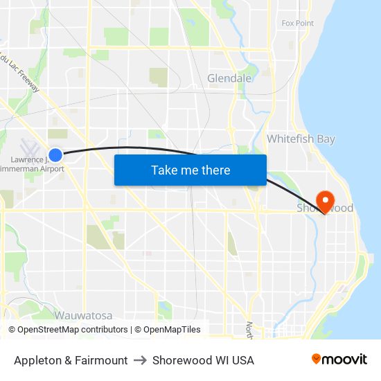 Appleton & Fairmount to Shorewood WI USA map