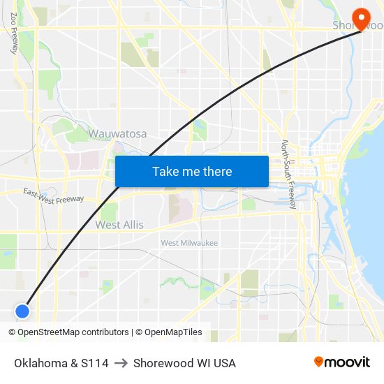 Oklahoma & S114 to Shorewood WI USA map
