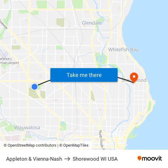 Appleton & Vienna-Nash to Shorewood WI USA map