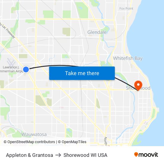 Appleton & Grantosa to Shorewood WI USA map