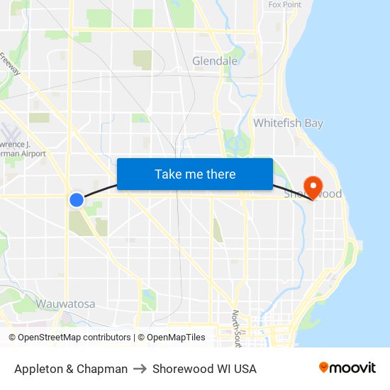 Appleton & Chapman to Shorewood WI USA map