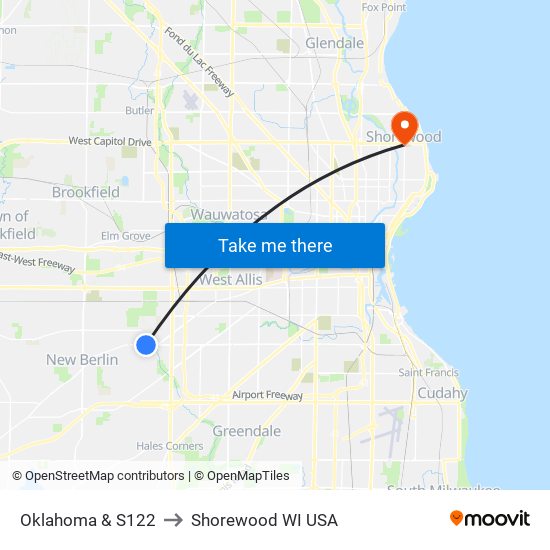 Oklahoma & S122 to Shorewood WI USA map