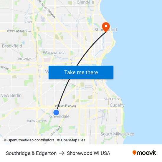 Southridge & Edgerton to Shorewood WI USA map