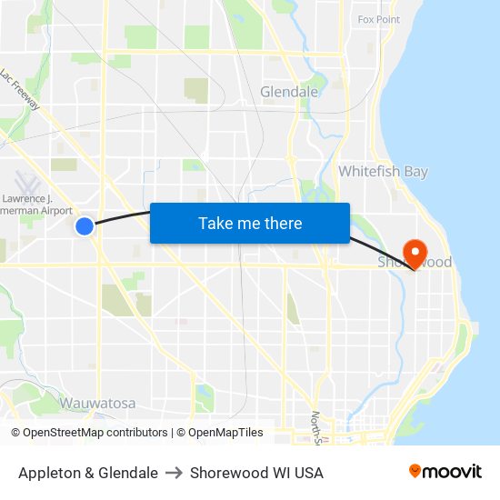Appleton & Glendale to Shorewood WI USA map