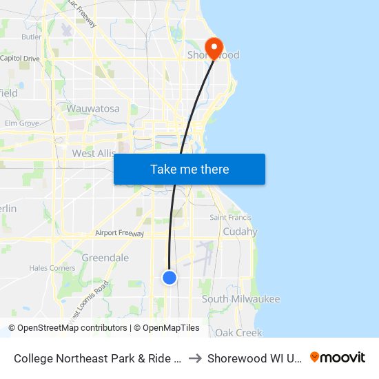 College Northeast Park & Ride Lot to Shorewood WI USA map