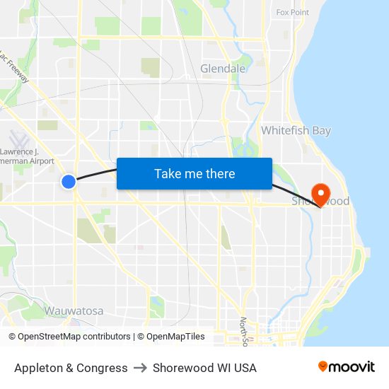 Appleton & Congress to Shorewood WI USA map