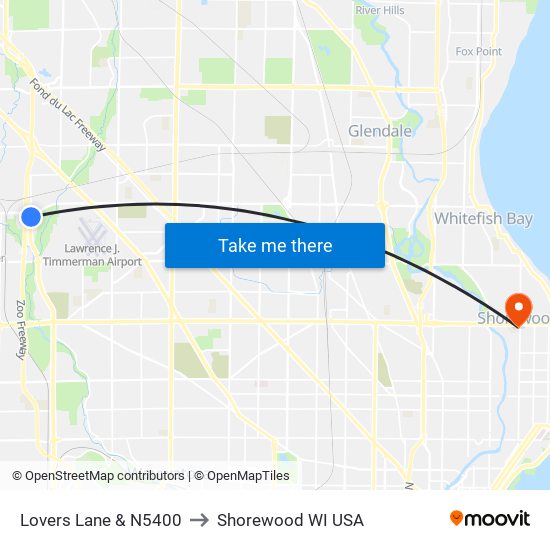 Lovers Lane & N5400 to Shorewood WI USA map