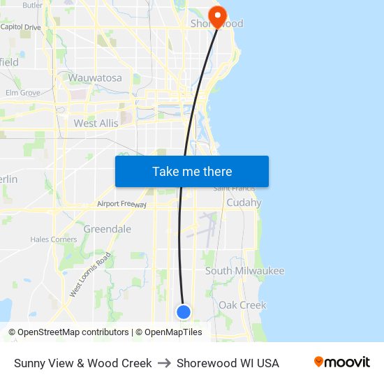 Sunny View & Wood Creek to Shorewood WI USA map