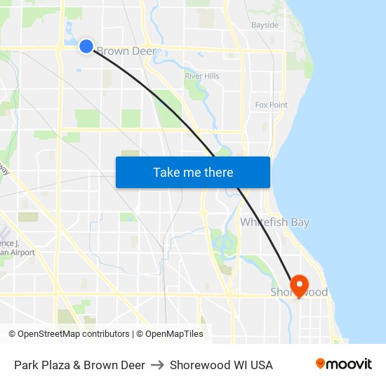 Park Plaza & Brown Deer to Shorewood WI USA map