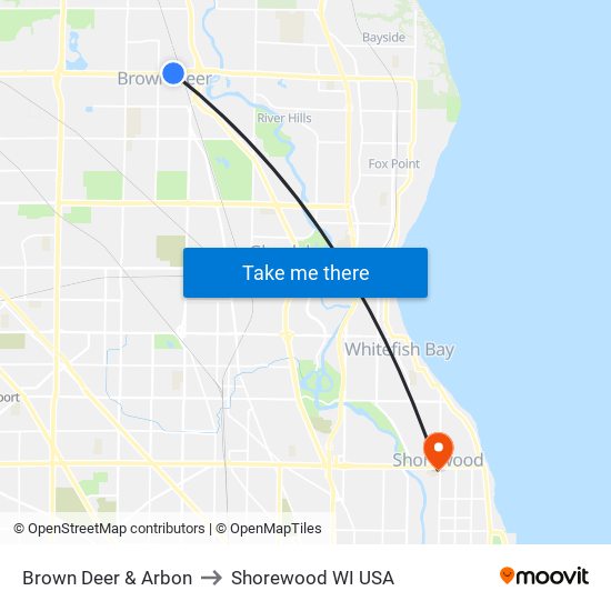 Brown Deer & Arbon to Shorewood WI USA map