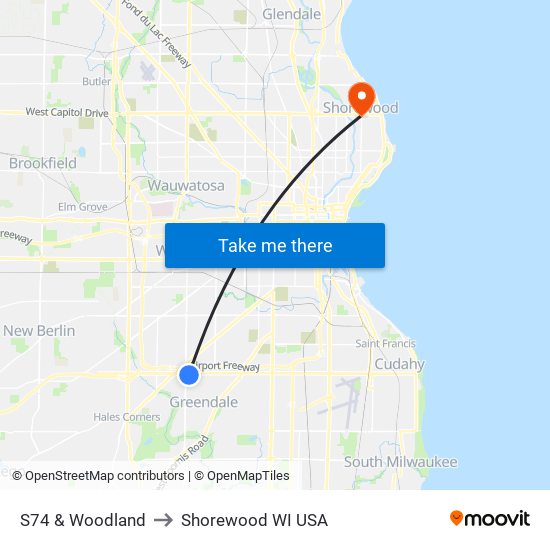 S74 & Woodland to Shorewood WI USA map