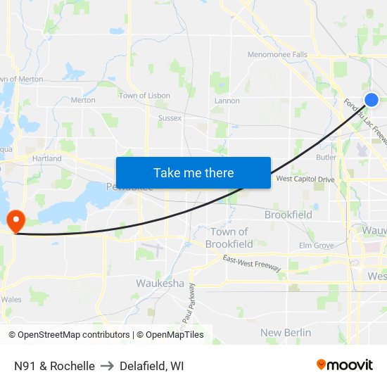 N91 & Rochelle to Delafield, WI map