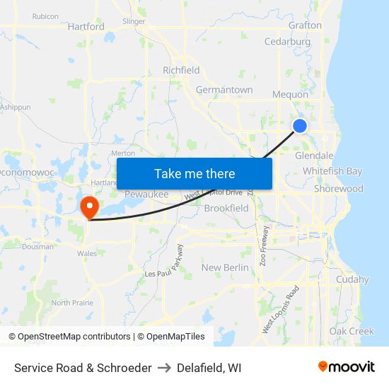 Service Road & Schroeder to Delafield, WI map