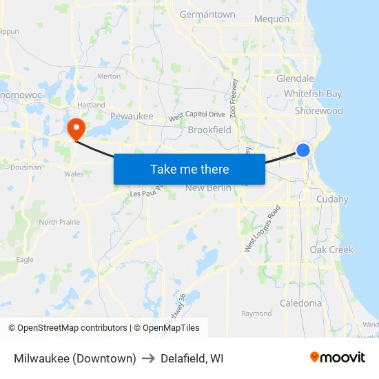 Milwaukee (Downtown) to Delafield, WI map