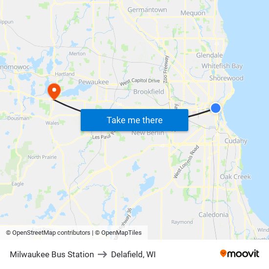 Milwaukee Bus Station to Delafield, WI map