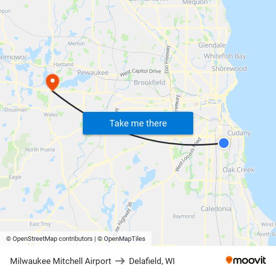 Milwaukee Mitchell Airport to Delafield, WI map