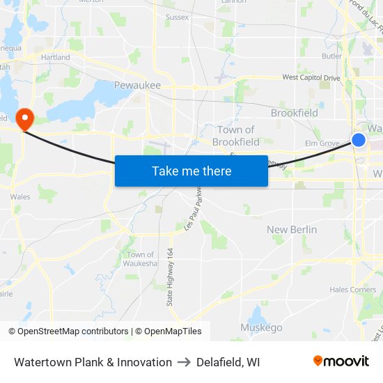 Watertown Plank & Innovation to Delafield, WI map