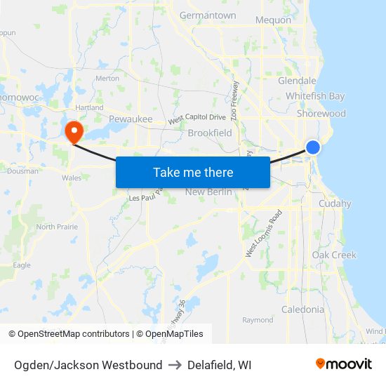 Ogden/Jackson Westbound to Delafield, WI map
