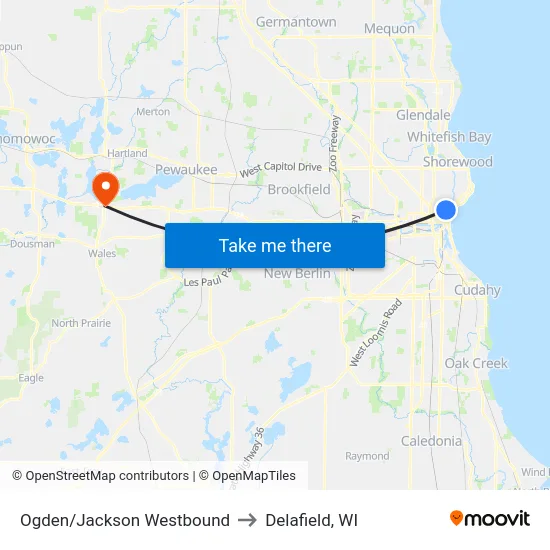 Ogden/Jackson Westbound to Delafield, WI map