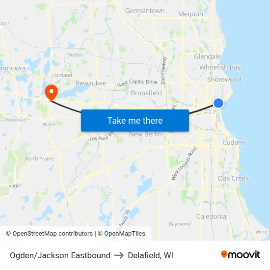 Ogden/Jackson Eastbound to Delafield, WI map