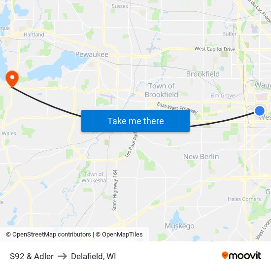 S92 & Adler to Delafield, WI map