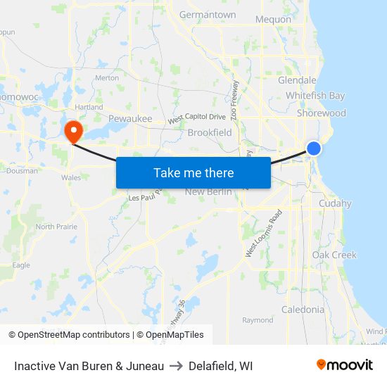 Van Buren & Juneau to Delafield, WI map