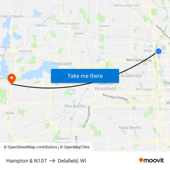 Hampton & N107 to Delafield, WI map