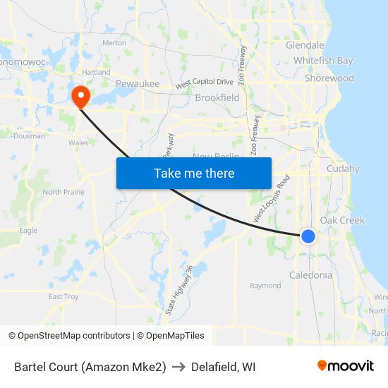 Bartel Court (Amazon Mke2) to Delafield, WI map