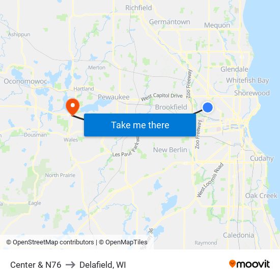 Center & N76 to Delafield, WI map