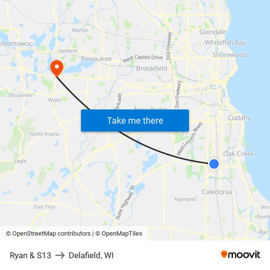 Ryan & S13 to Delafield, WI map