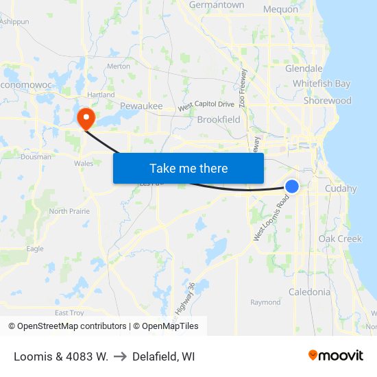 Loomis & 4083 W. to Delafield, WI map