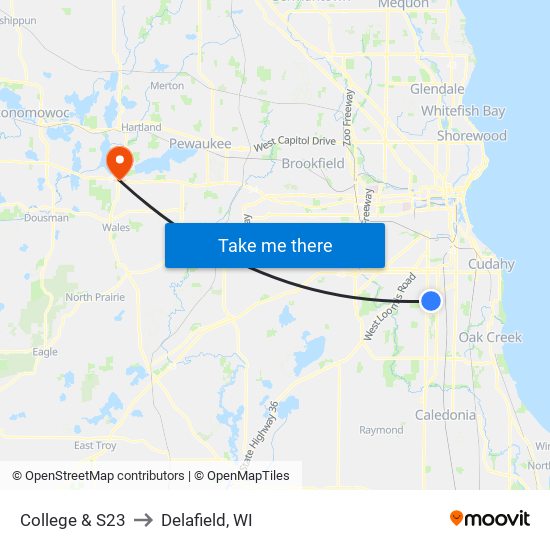 College & S23 to Delafield, WI map