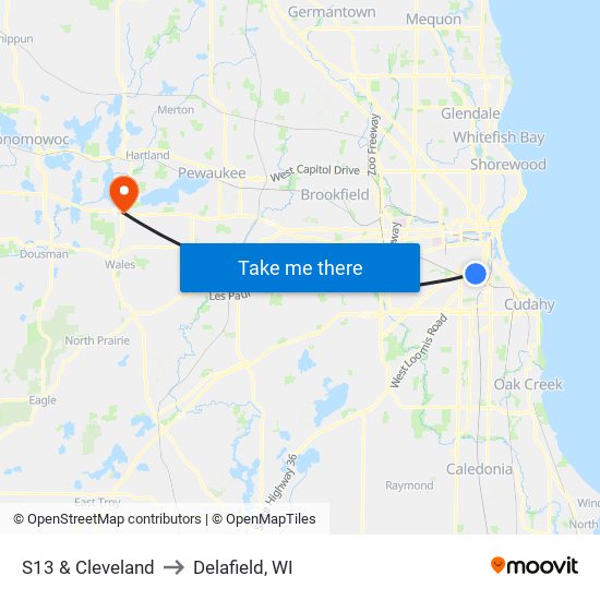 S13 & Cleveland to Delafield, WI map