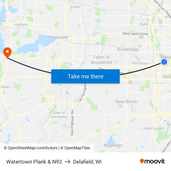 Watertown Plank & N92 to Delafield, WI map