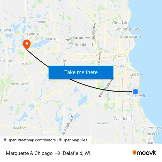 Marquette & Chicago to Delafield, WI map