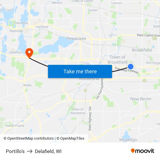 Portillo's to Delafield, WI map