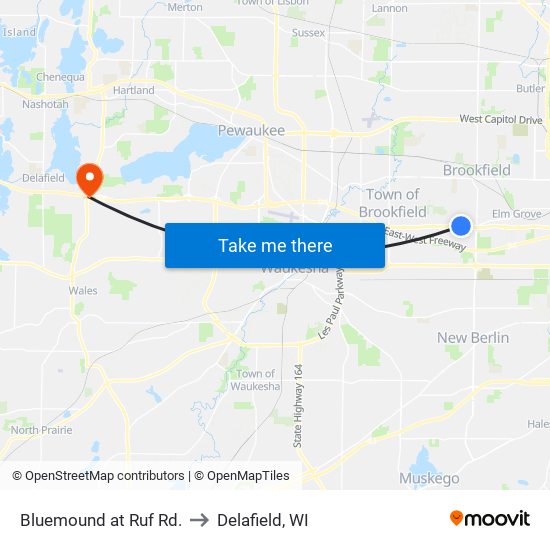 Bluemound at Ruf Rd. to Delafield, WI map