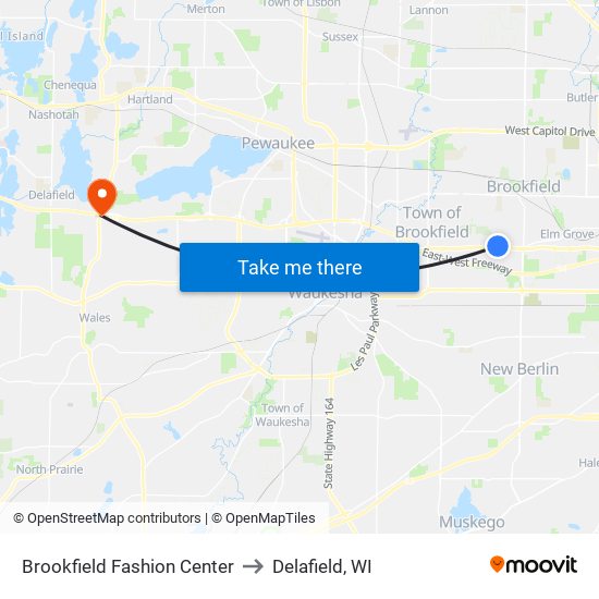 Brookfield Fashion Center to Delafield, WI map