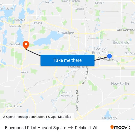 Bluemound Rd at Harvard Square to Delafield, WI map