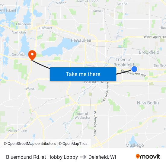 Bluemound Rd. at Hobby Lobby to Delafield, WI map