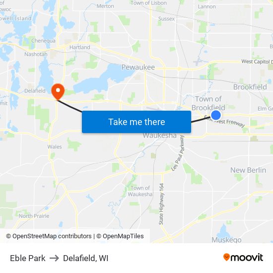Eble Park to Delafield, WI map