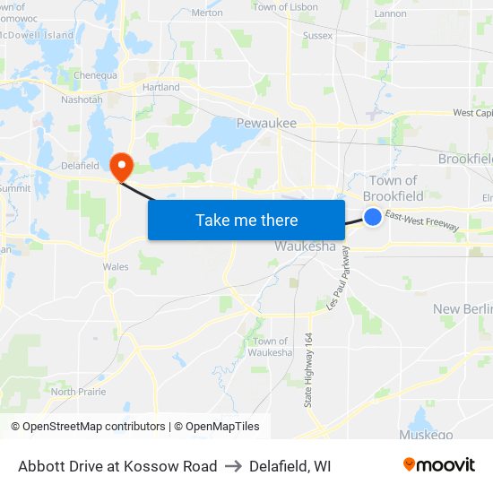 Abbott Drive at Kossow Road to Delafield, WI map