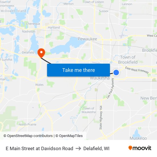 E Main Street at Davidson Road to Delafield, WI map